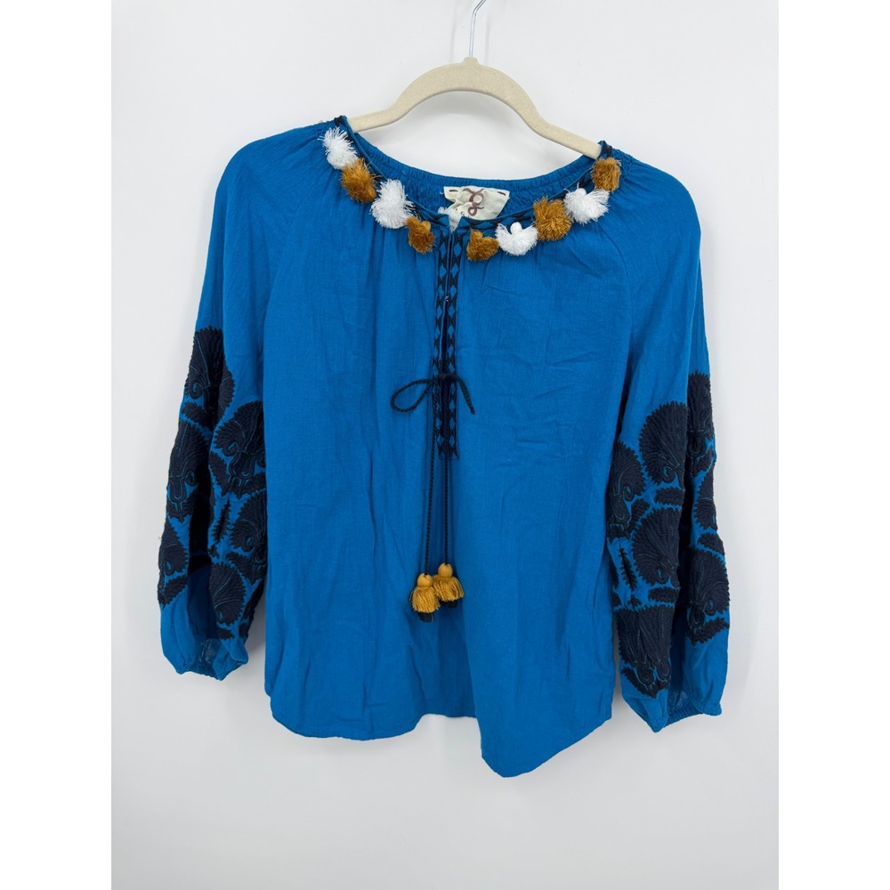 Figue Embroidered Tassel Blouse Womens XS Blue Pom Pom Balloon Sleeve Cotton